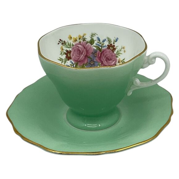 Mint Green Floral Crown Tea Cup and Saucer Staffordshire England Pink Roses - Picture 2 of 7